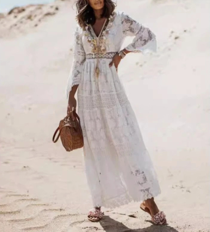 Women’s Boho Maxi Lace V Neck Flare Sleeve Dress Summer Party Beach Sundress New