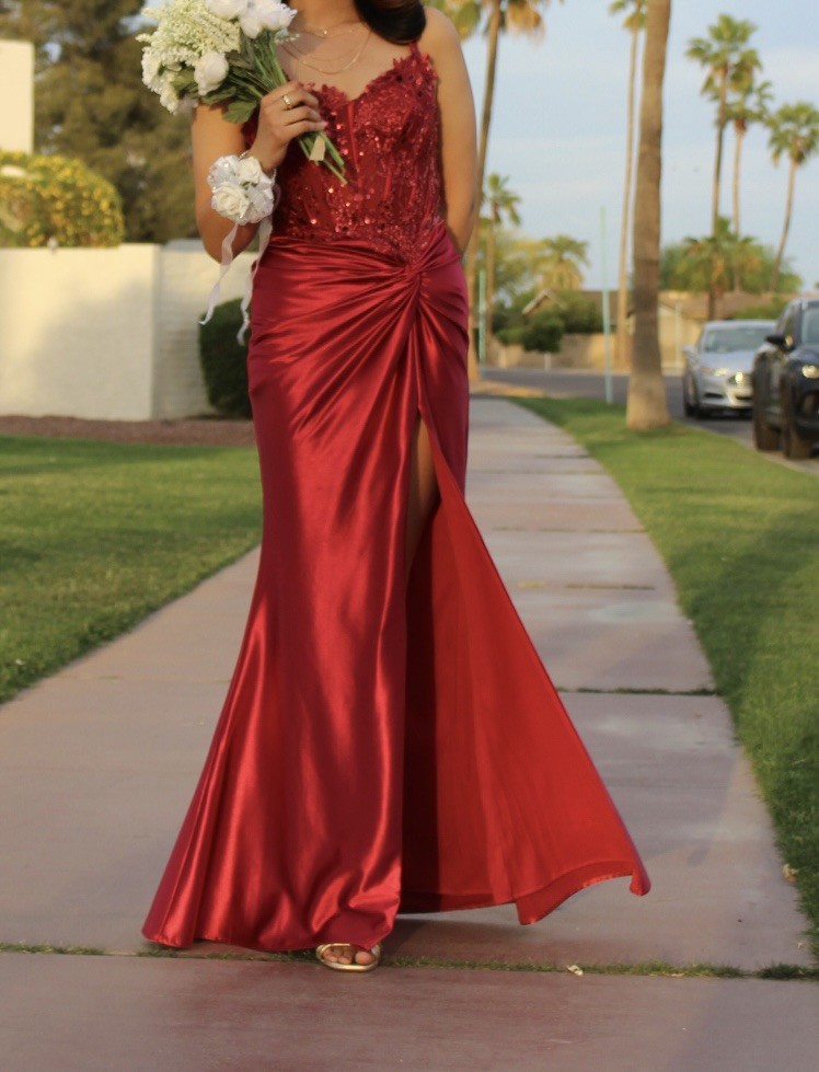 Ladivine by Cinderella Divine Red Satin Sequin Embroidered Mesh Formal Gown XS