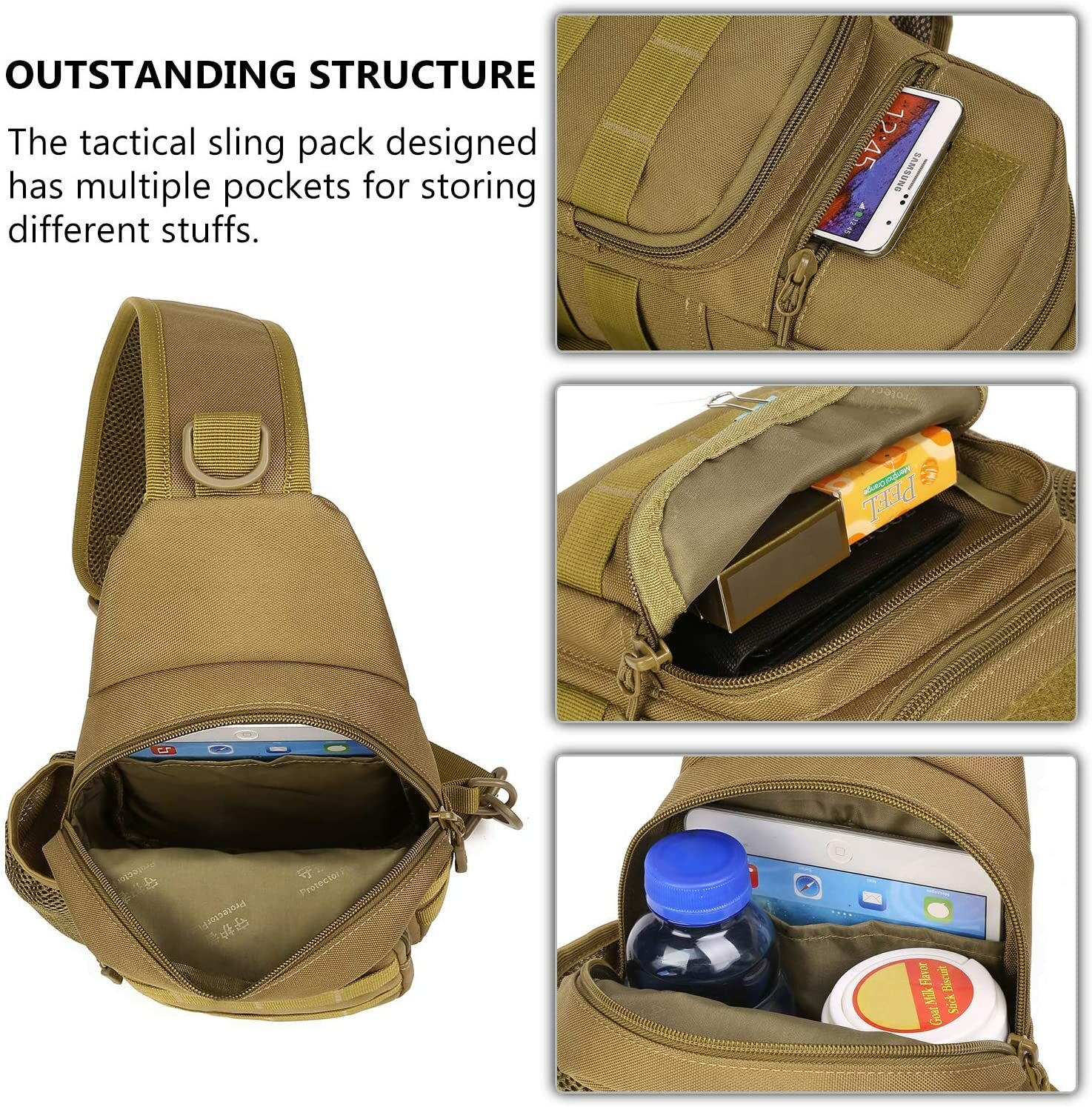 Tactical Sling Crossbody Backpack with Water Bottle Holder Military Chest Bags