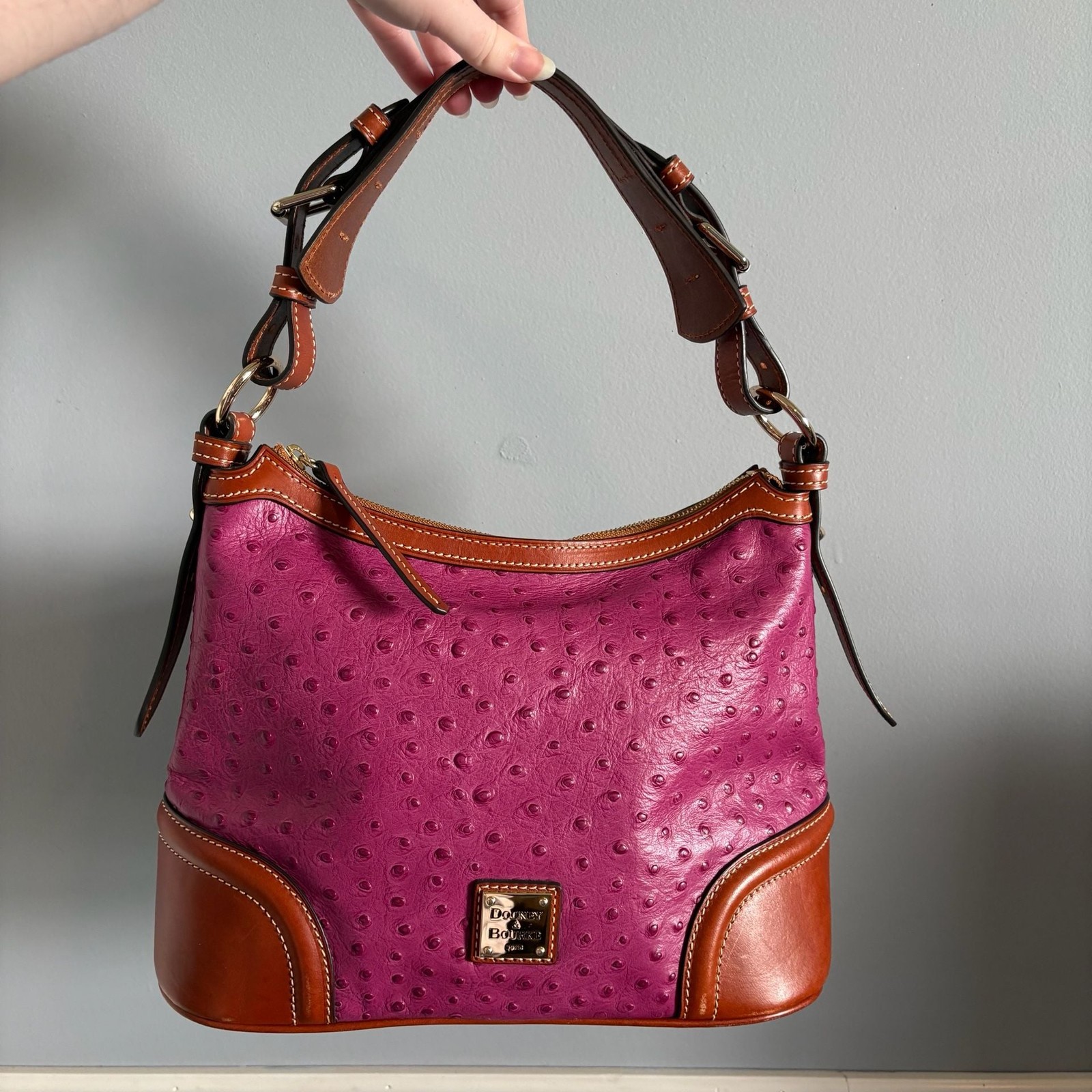 Dooney & Bourke Ostrich Embossed Leather Hobo Shoulder Bag in Fuchsia