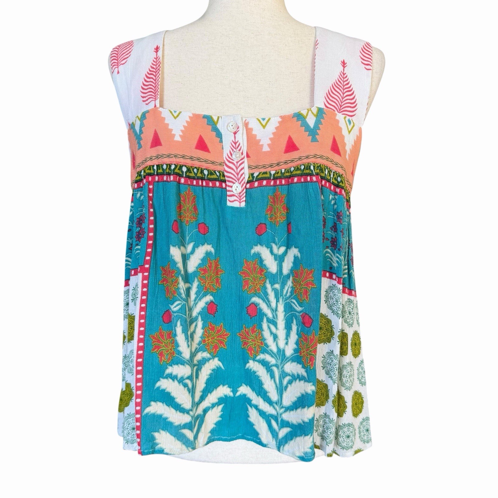 Raga Boho Mixed Print Babydoll Top•Large Indie Global Chic Halter Flowy Eclectic