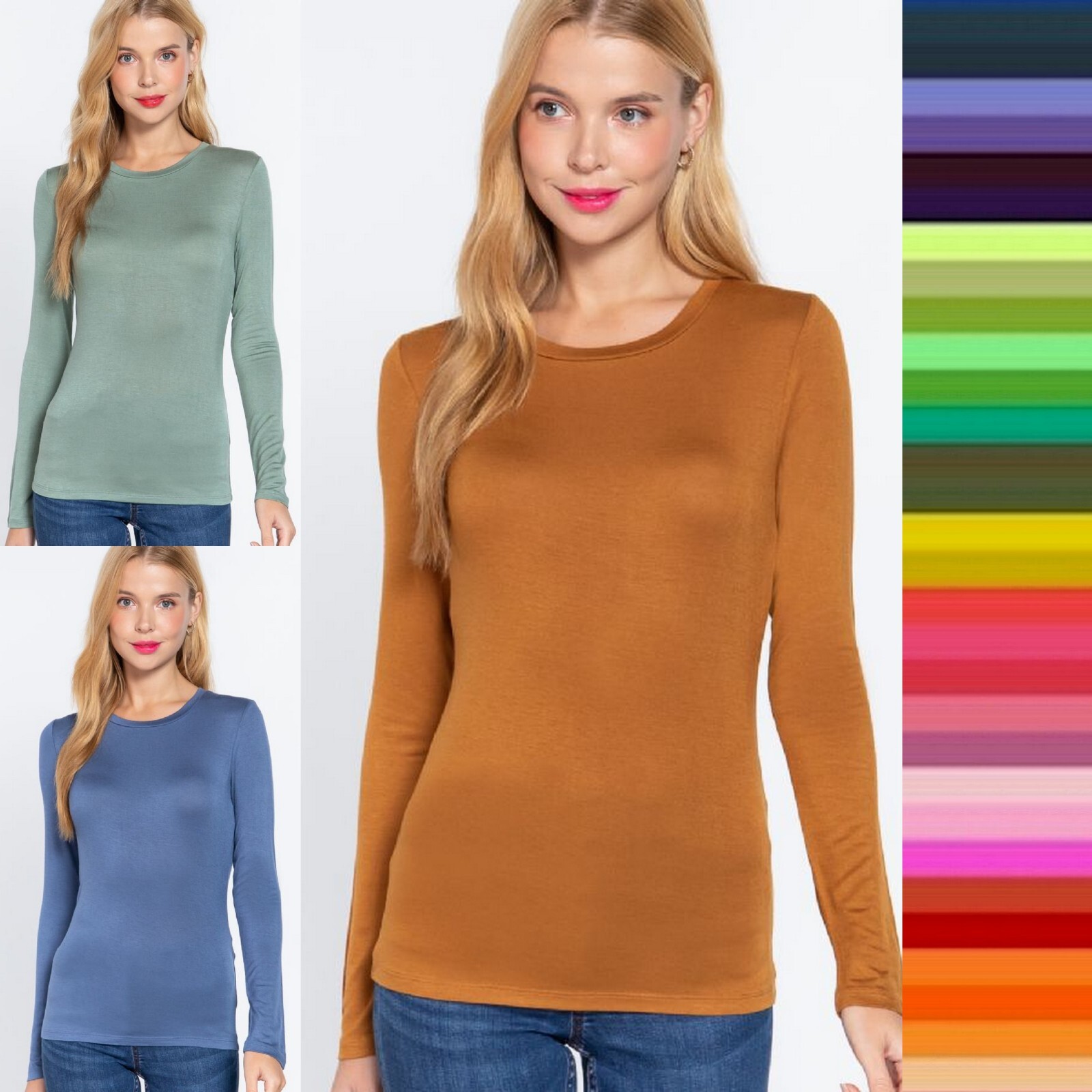Crew Neck Long Sleeve Rayon Spandex Jersey Soft Stretchy T-Shirt Top Tee