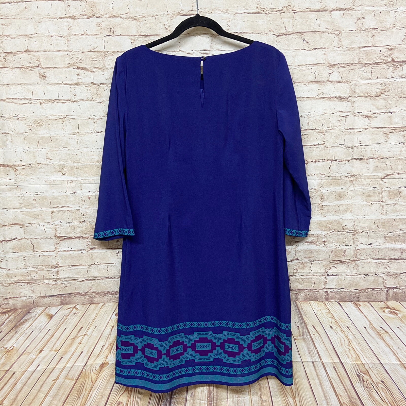 Britt Ryan Womens Shift Dress Size 8 3/4 Sleeve 100% Silk Geometric Purple