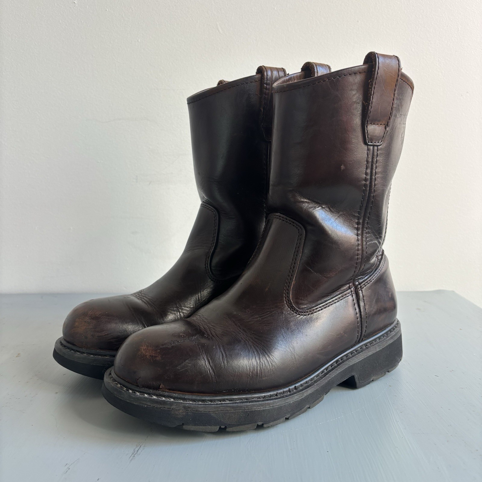 Wolverine Wellington Brown Leather Boots Slip Resistant Size 9 Soft Toe Men’s