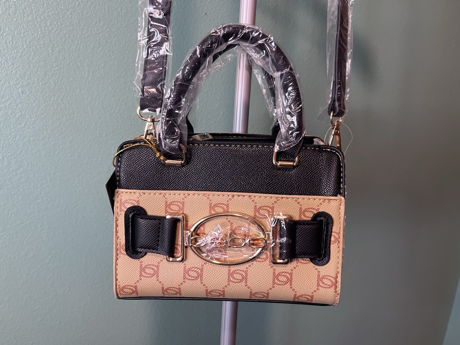 bebe Monogram Small Crossbody Top Handle Zip Bag w/ Detachable Strap