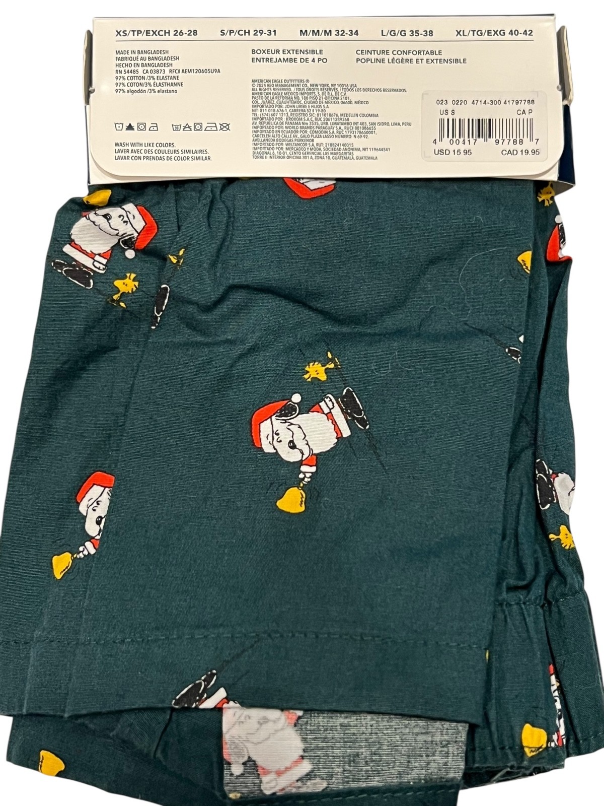 NWT AMERICAN EAGLE Stretch Boxer Sz XS-S-L-XL Green Red Santa Snoopy #42