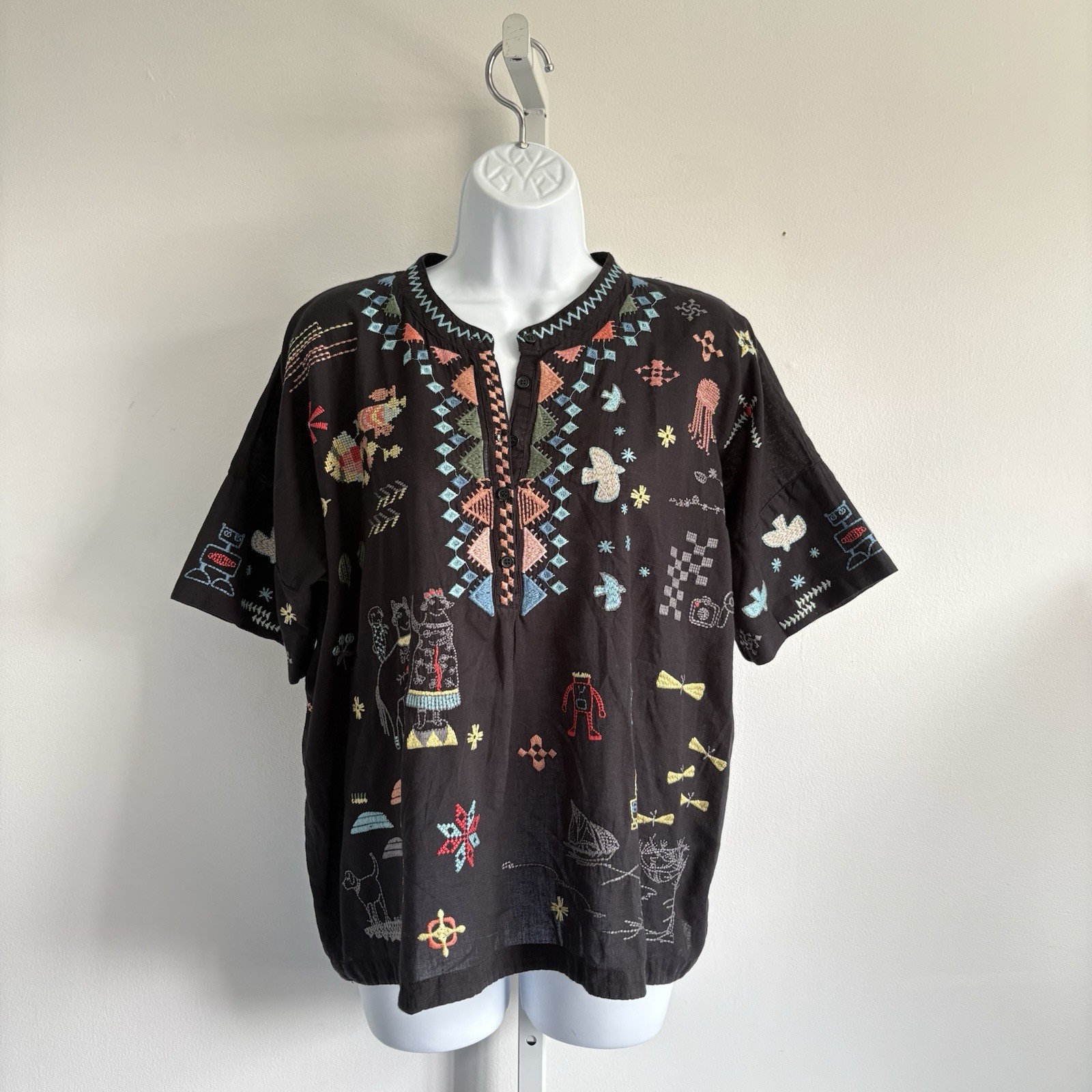 Johnny Was Pete&Greta Top Black Seraphina Embroidered Short Sleeve Size Small