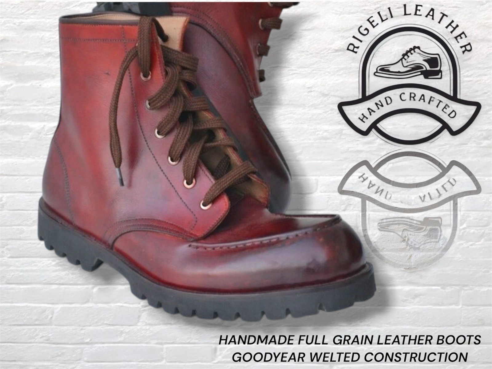 Handmade Burgundy Combat Boots Men Goodyear Welted Full Grain Leather Lug Sole