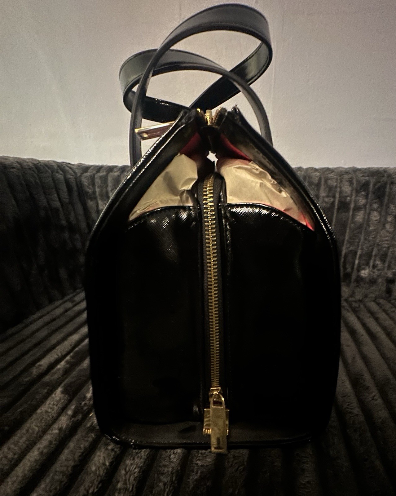 Ted Baker Floral Print Tote Satchel Handbag Black Patent Trim Gold Hardware