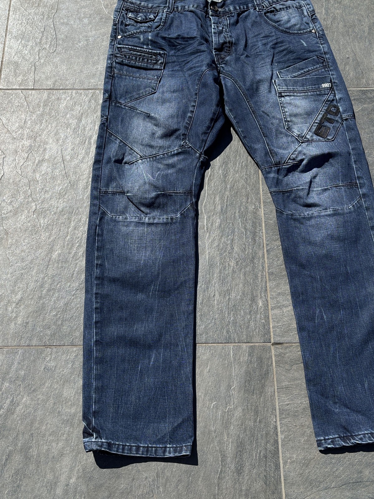 Retro ETO 9901 Mens Jeans 38L Blue Denim Streetwear Utility Cargo Distressed Y2K