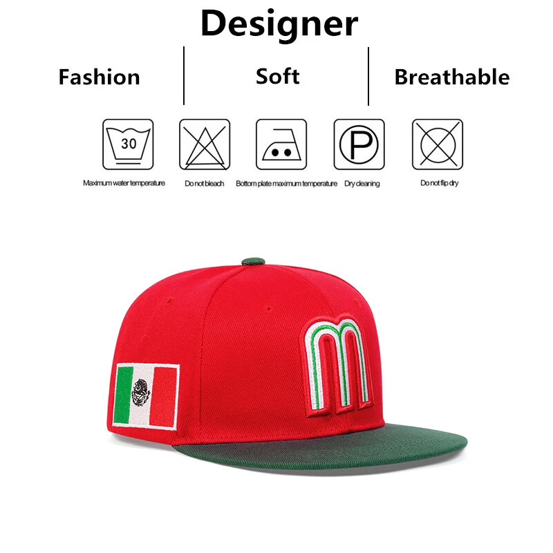 Mexico Baseball Cap Letter M With Embroidered Flag Flat Brim Snapback Hat
