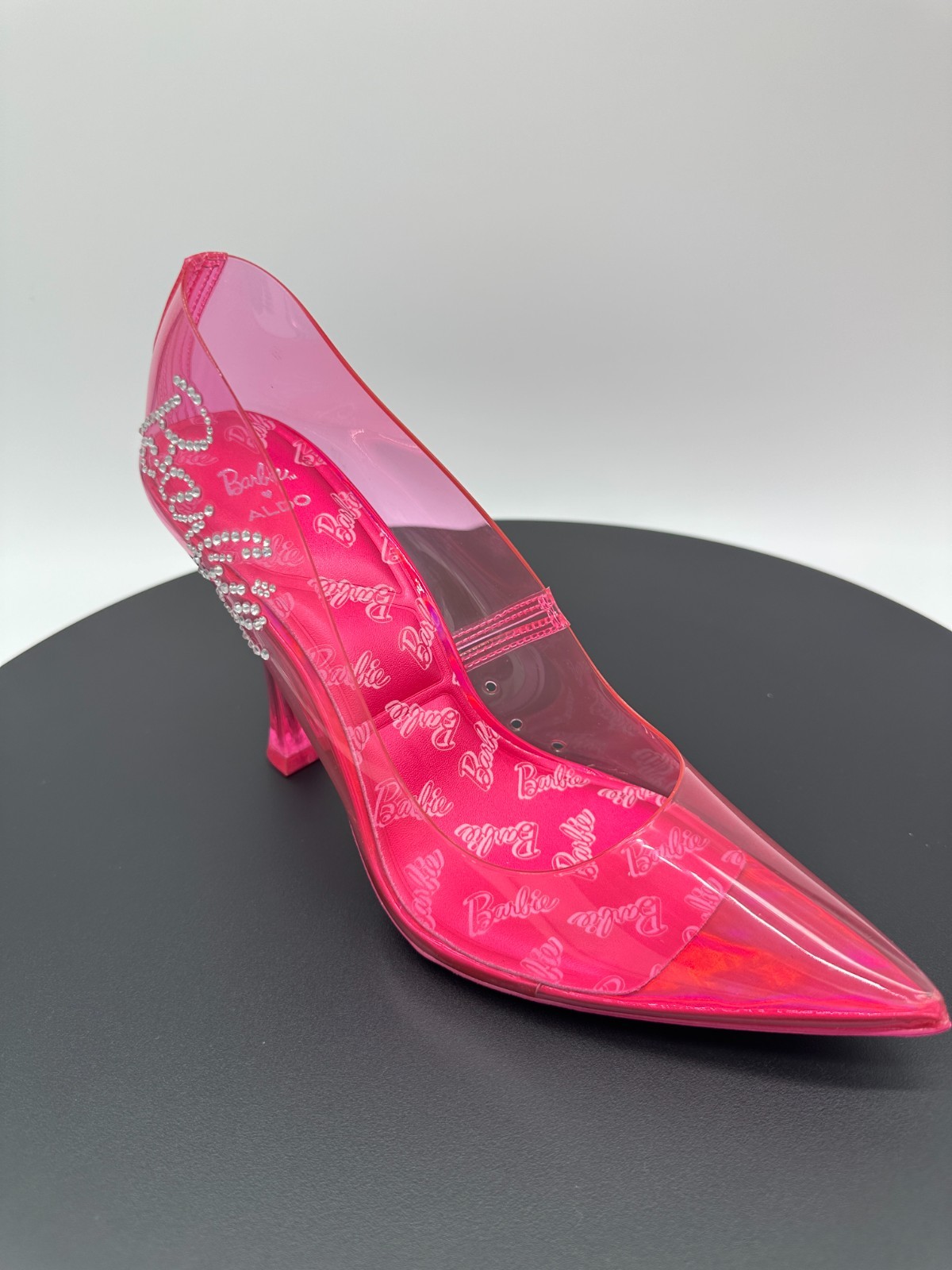 Barbie X Aldo Barbietessy Size 7 Pink PVC Crystal Logo Heels Pumps US NIB