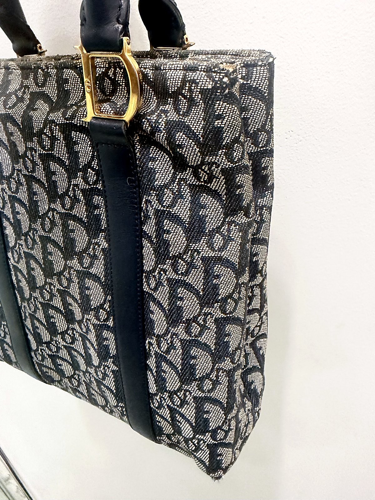 Authentic Christian Dior Navy Trotter Monogram Canvas Tote Bag Gold Hardware