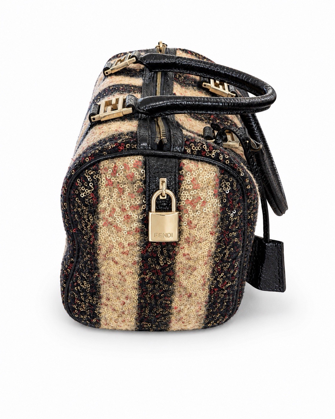 Fendi Boston Bag Black Red Brown Sequin Grained Calfskin (aa072626f7r)