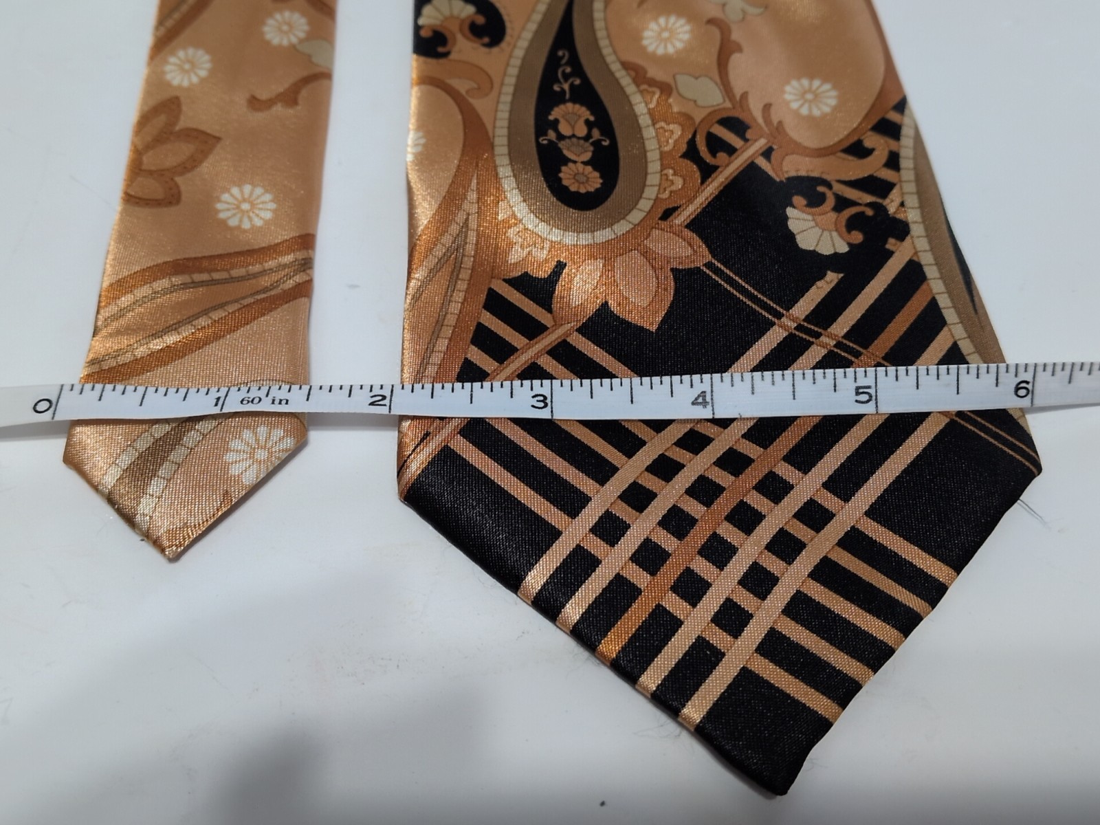 Karl Knox Orange Tan Black Paisley Abstract Necktie 4×60″ Retro Design VINTAGE