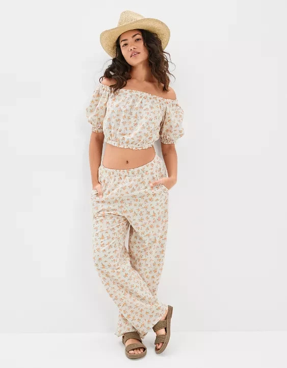 American Eagle Off the Shoulder Bubble Blouse Womens XXL Cream Floral Linen Crop