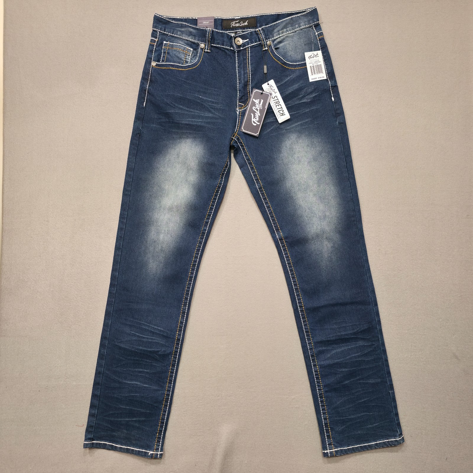 True Luck Men’s Stretch Straight Denim Blue Jeans Size 34×33.5 NWT