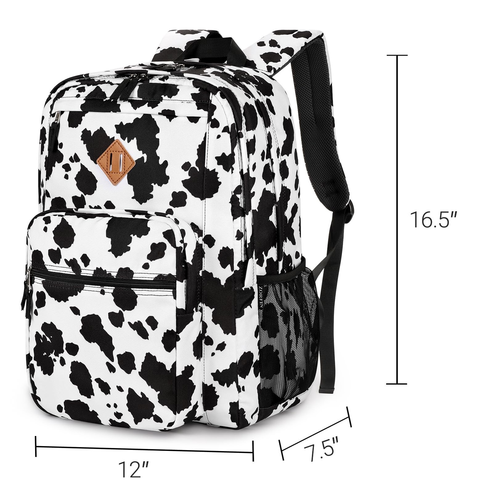 26L Cow Print Black Backpack for School College Travel Water Resistant