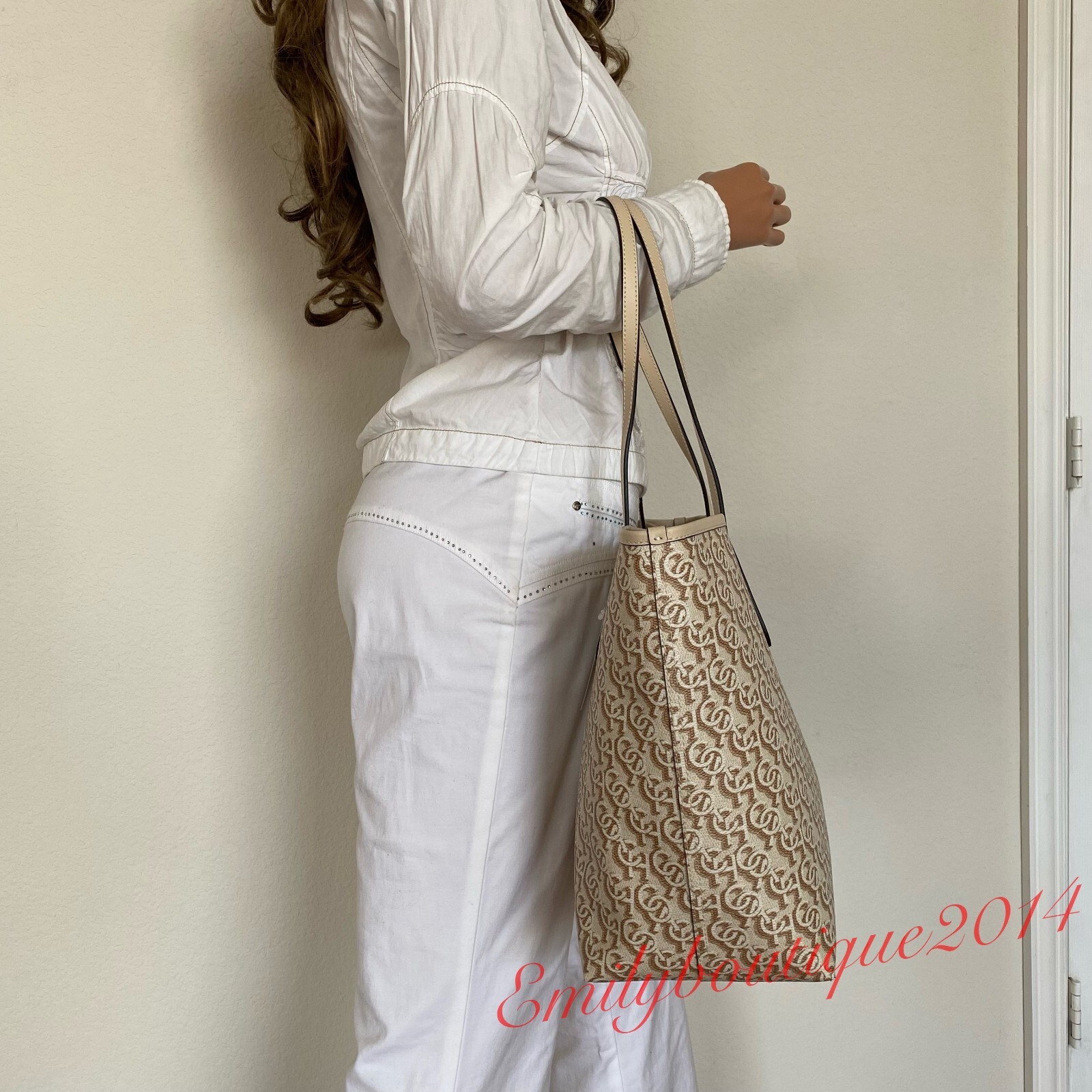NWT Coach CF342 City Tote with Monogram Print in Canvas & Leather Gold Chalk Bag