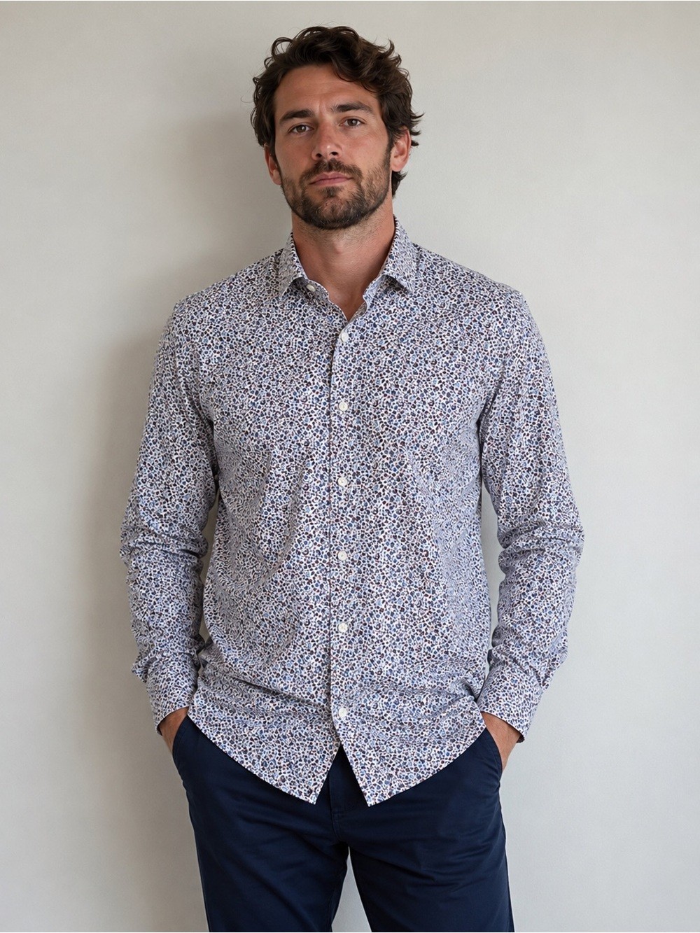 7 Diamonds Men’s Floral Button-Down Shirt – White with Blue and Brown Accents LG