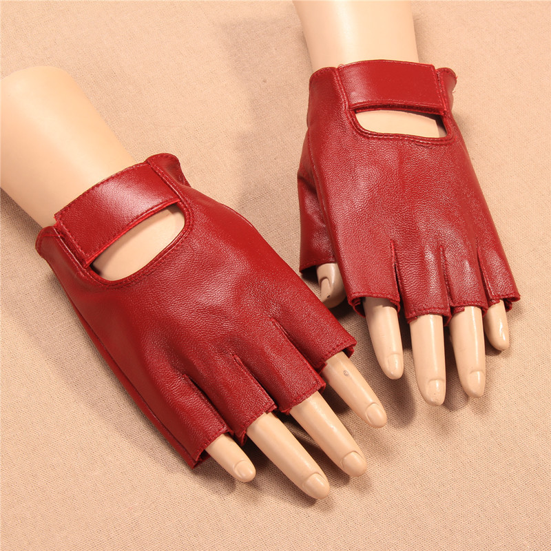 Real Leather Fingerless Short Gloves Black Red Brown Stud Lambskin Half Finger