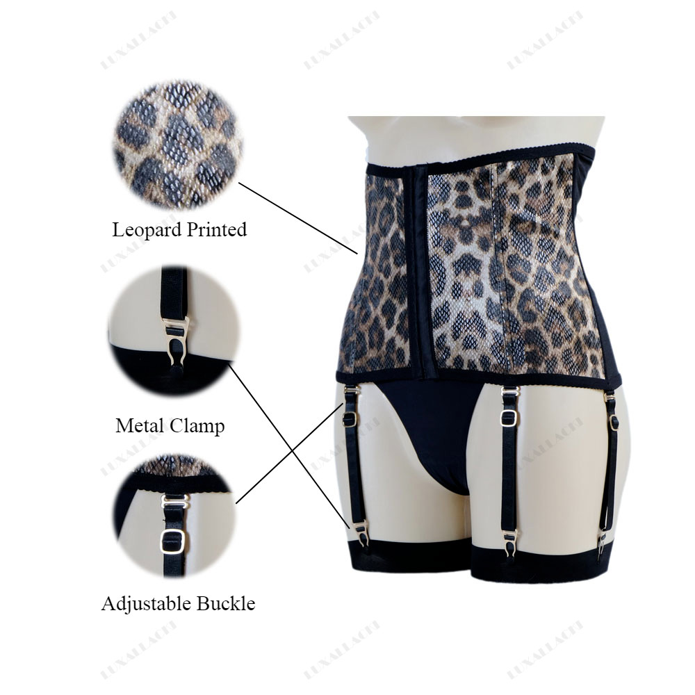 NEW Fashion Mesh Pu Leopard Waist Cincher 6 Straps Garter Boned Shaping Corset
