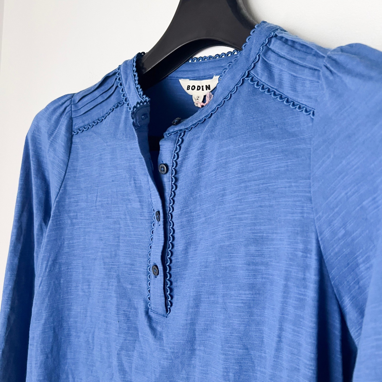 NWT Boden Top Blouse Size 10 Blue Henrietta Pintuck Henley Cottagecore Cotton
