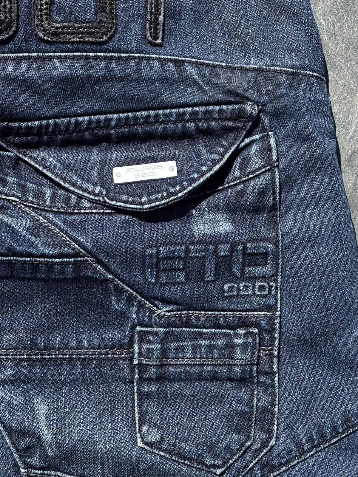Retro ETO 9901 Mens Jeans 38L Blue Denim Streetwear Utility Cargo Distressed Y2K