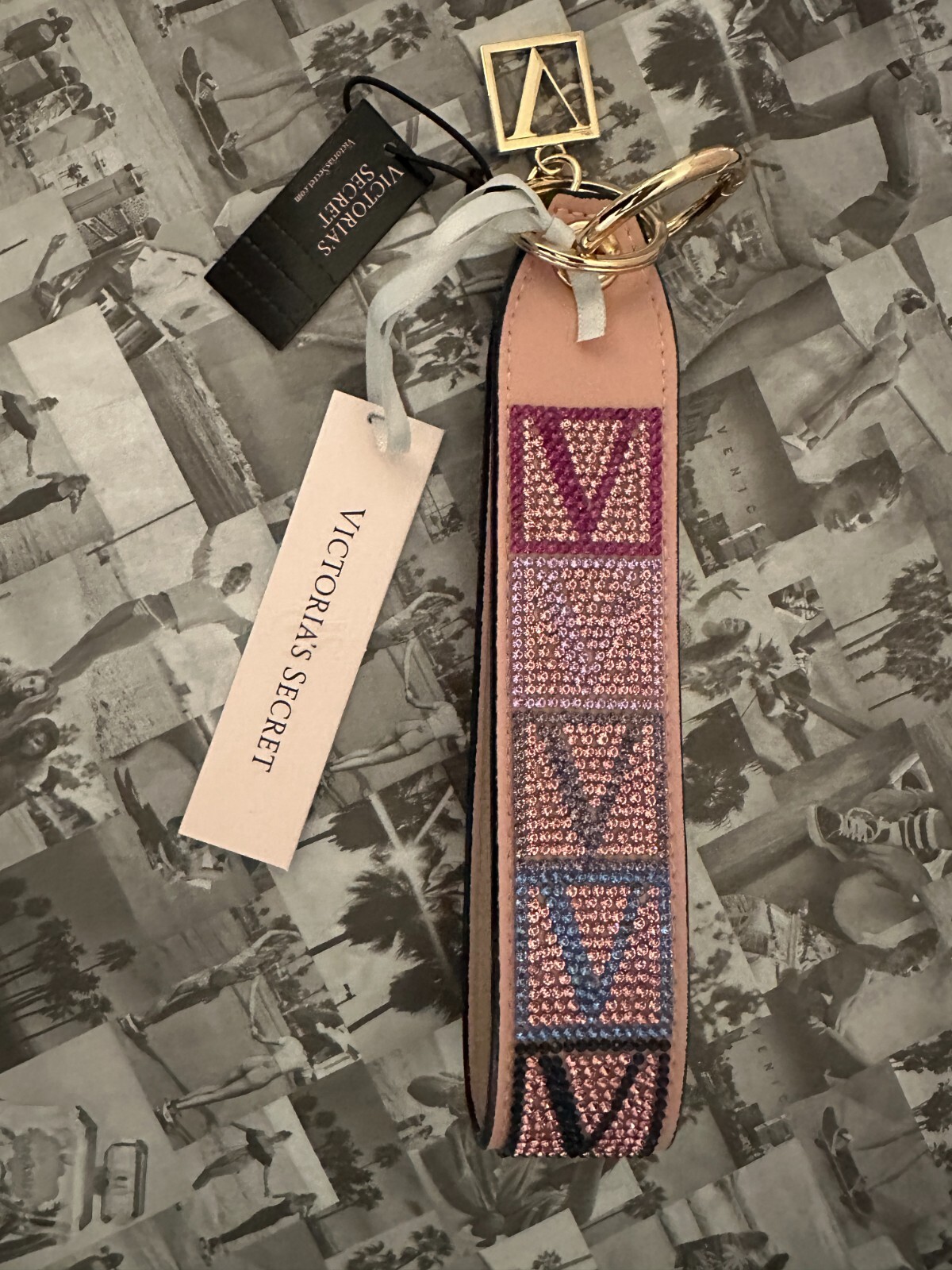 NWT Victoria’s Secret Rhinestone Keychain Wristlet Strap Pink Shine V Monogram