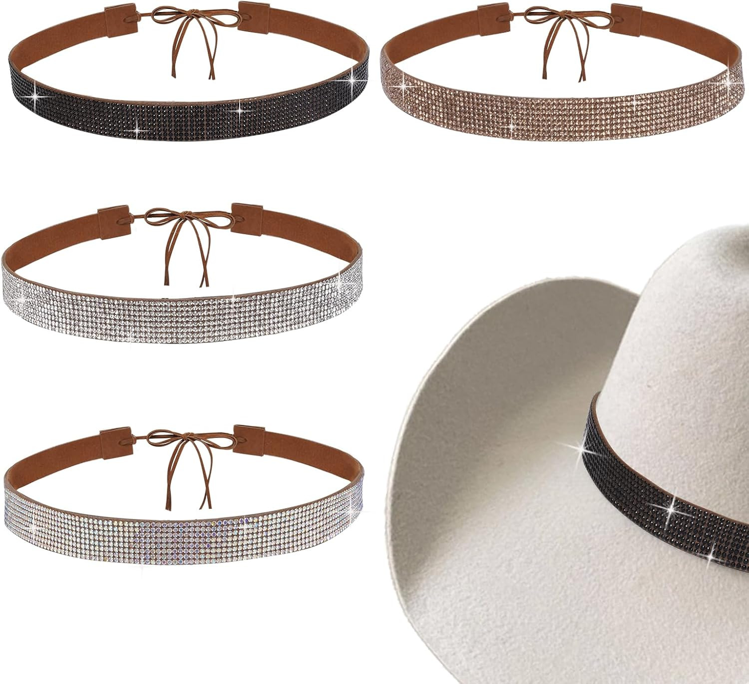 4 Pcs Cowboy Rhinestones 19.4In Hats Bands, Fits Cowboy Panama Hats 19.7 to 23.7