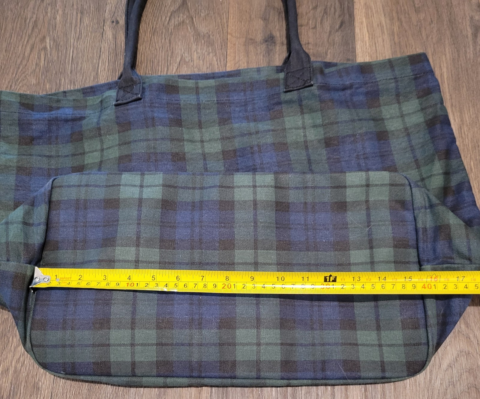 Gap Tote Bag Tartan Plaid Green Silver Logo Cotton 16 x 11 x 4.5 inches