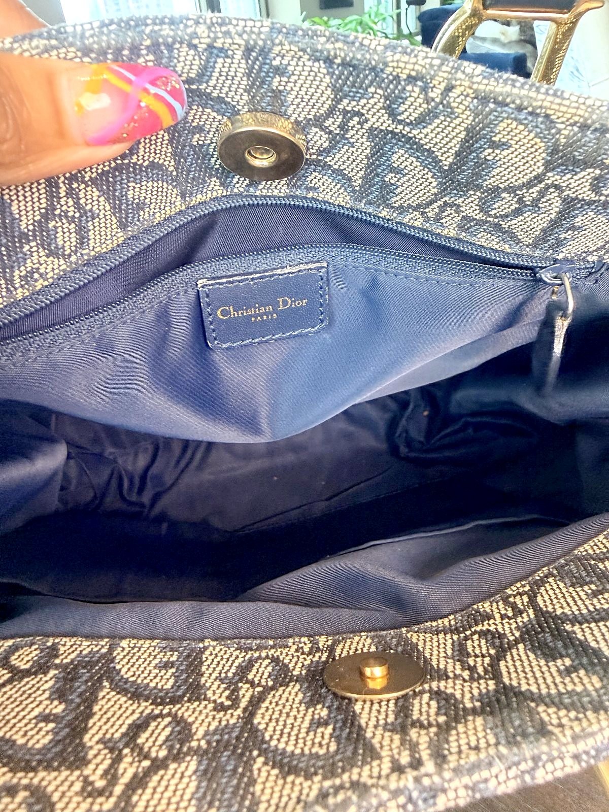 Authentic Christian Dior Navy Trotter Monogram Canvas Tote Bag Gold Hardware