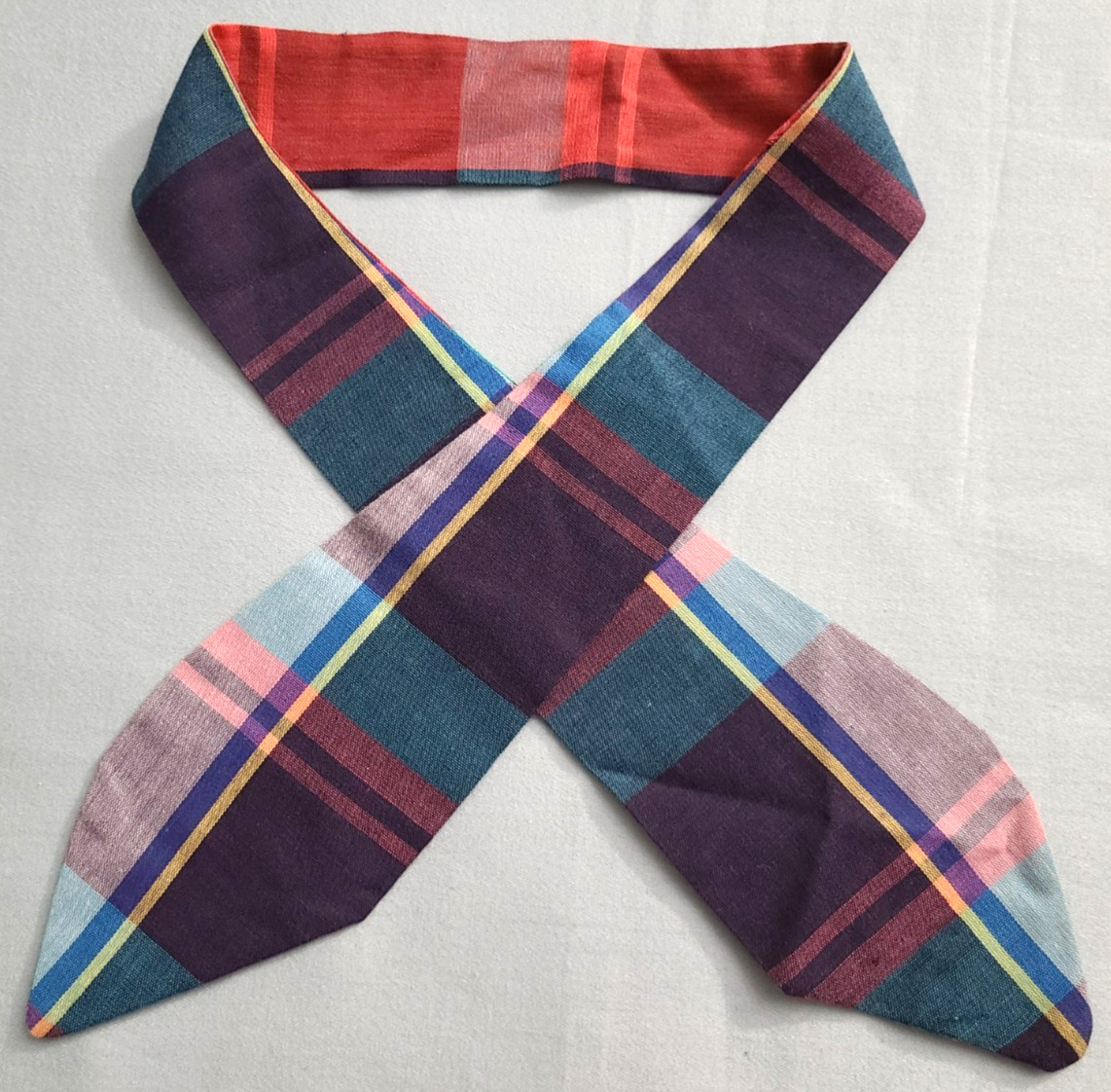 Vtg cotton Madras plaid multicolor reversible tie, red blue purple green