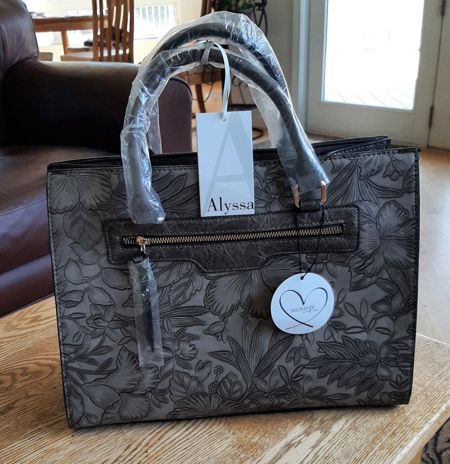 Alyssa Taupe Vegan Leather Floral Tooled Look Large Purse