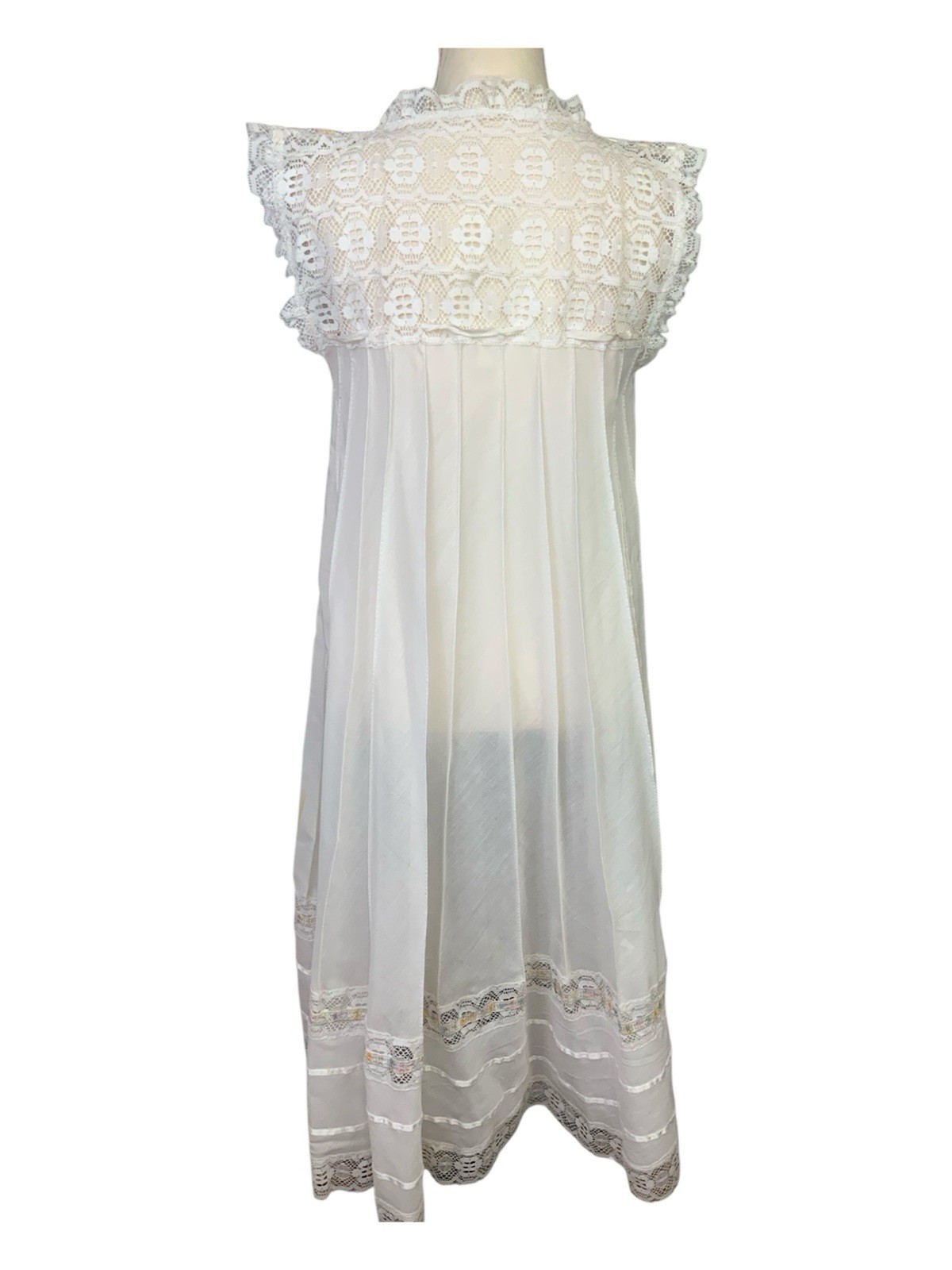 VTG White Prairie Lace Ribbon Ruffle Sheer Cottagecore Midi Dress Romantic