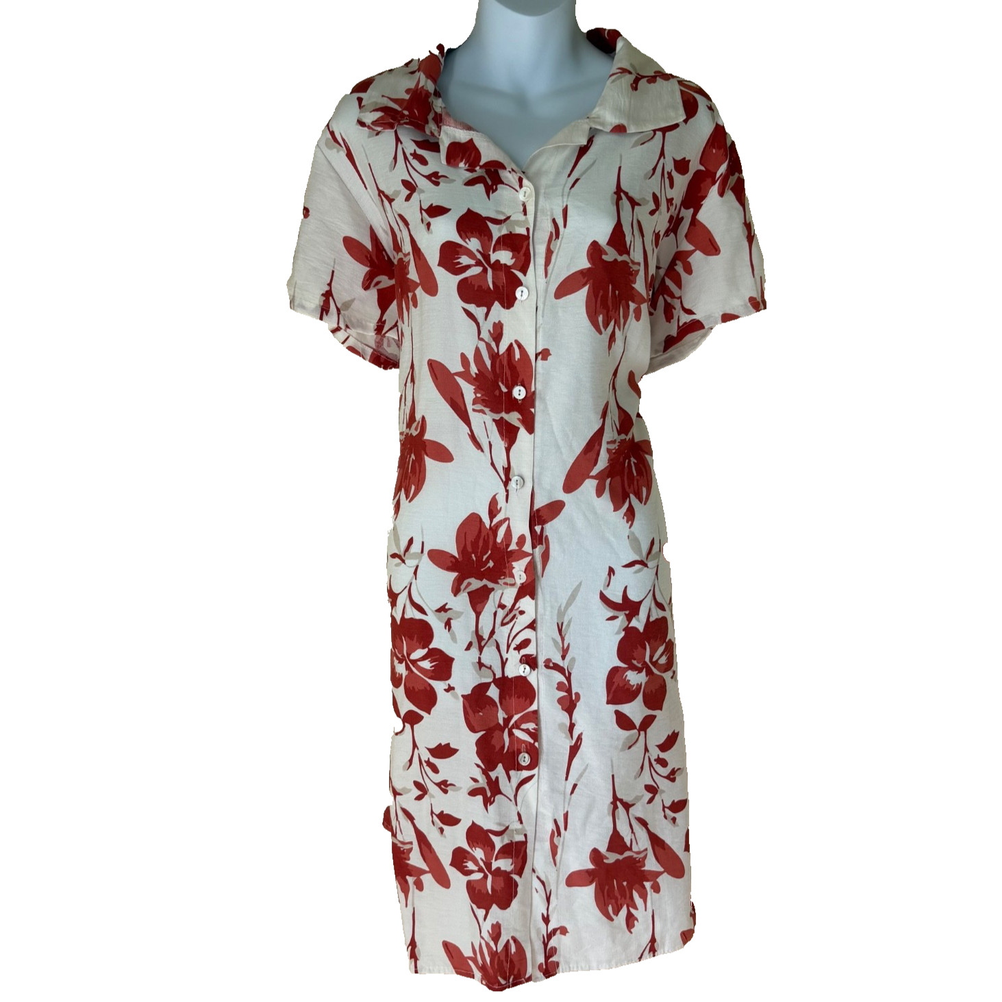 Three Stars Womens White Red Floral Button Down Shirt Dress Pockets Made Italy