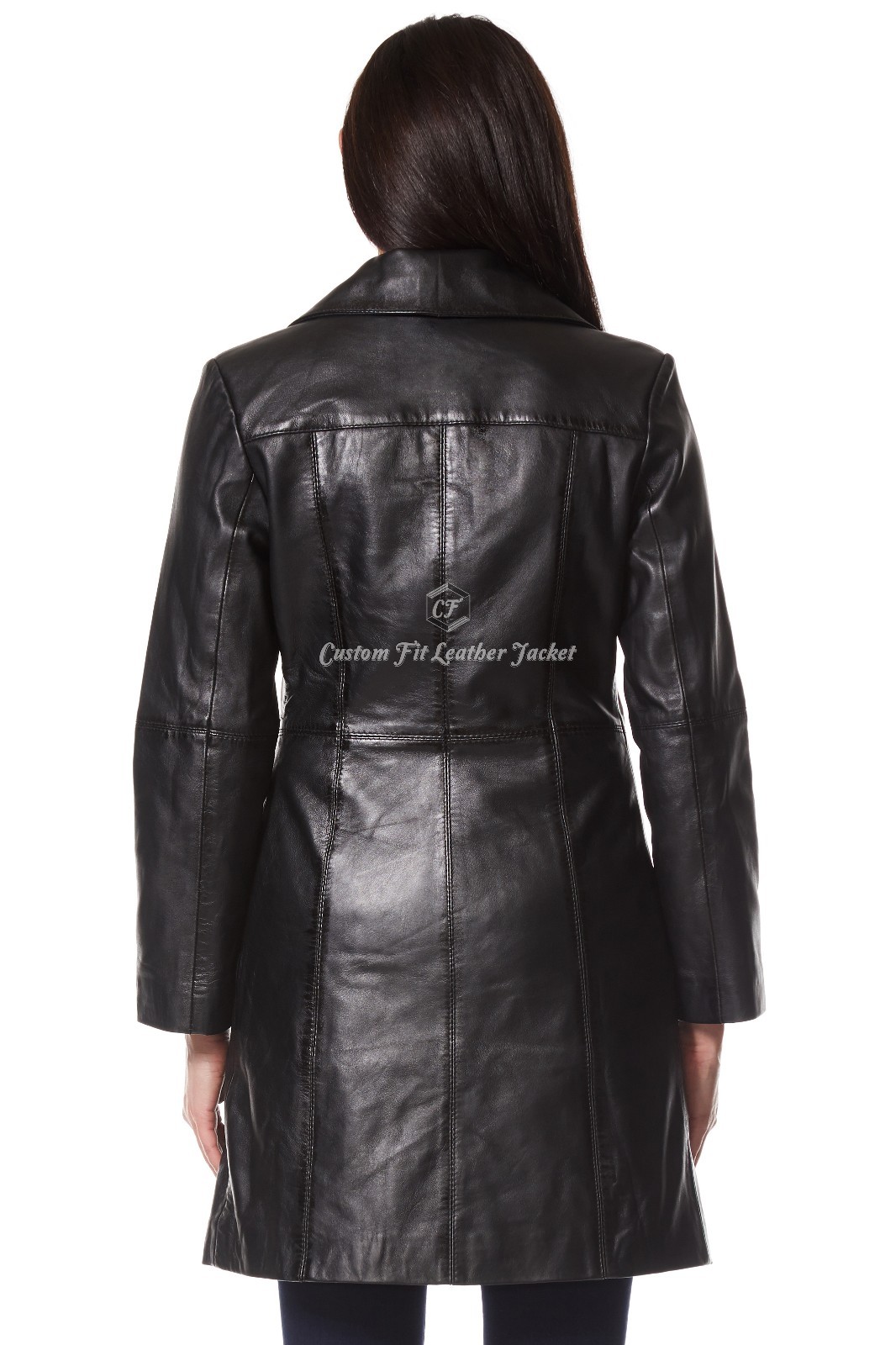 Ladies Leather Trench Coat Jacket Black Classic Knee-Length Designer Coat 3457