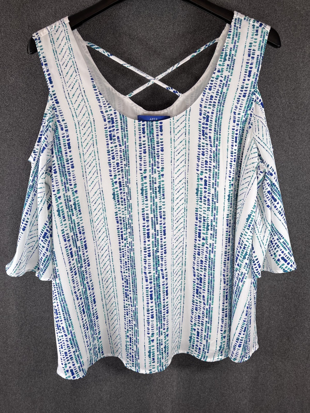 Apt. 9 White Short Sleeve Cold Shoulder Lined Top Blue Green Pattern XL 011