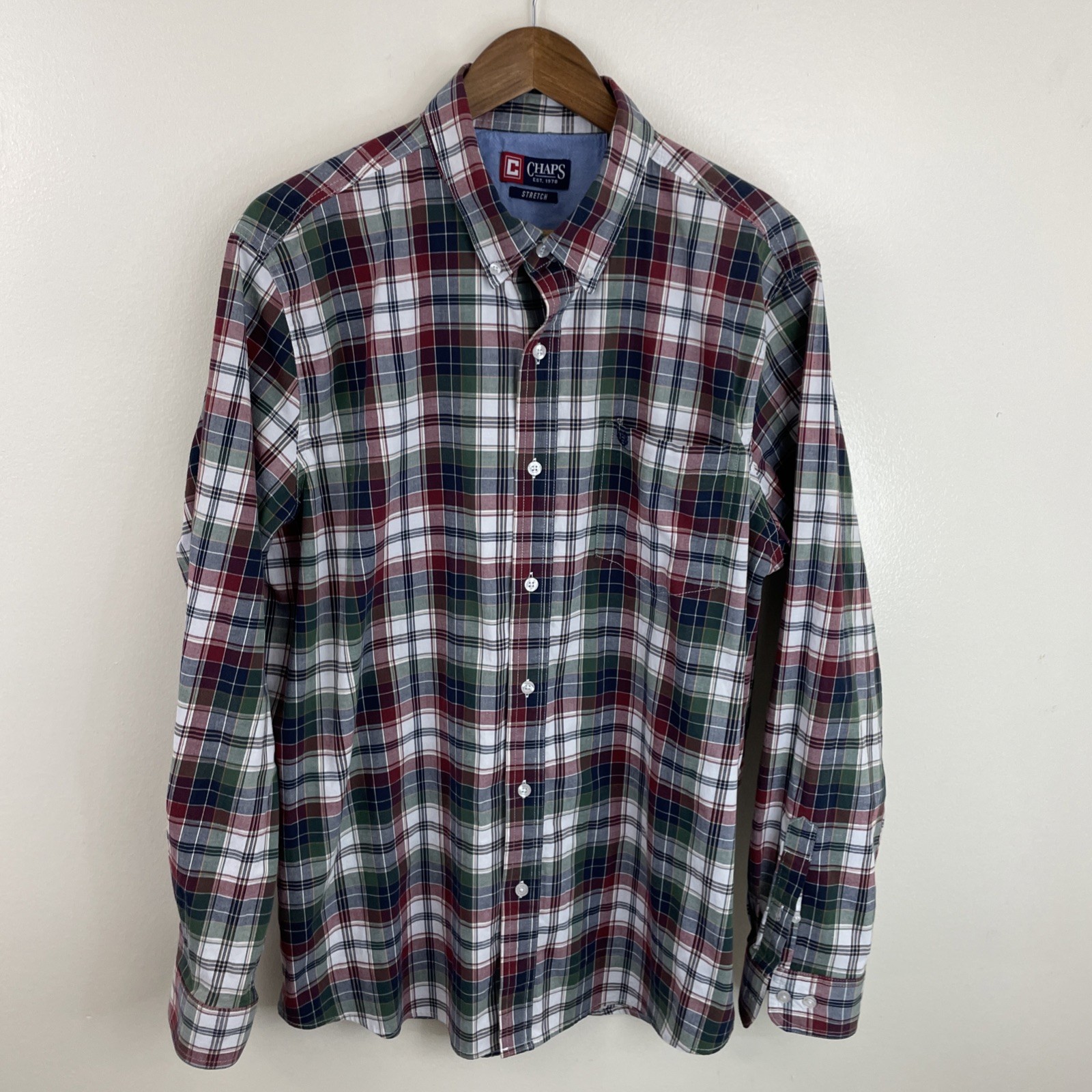 Chaps Stretch Shirt Mens XL Multicolor Plaid Long Sleeve Button Down Modern