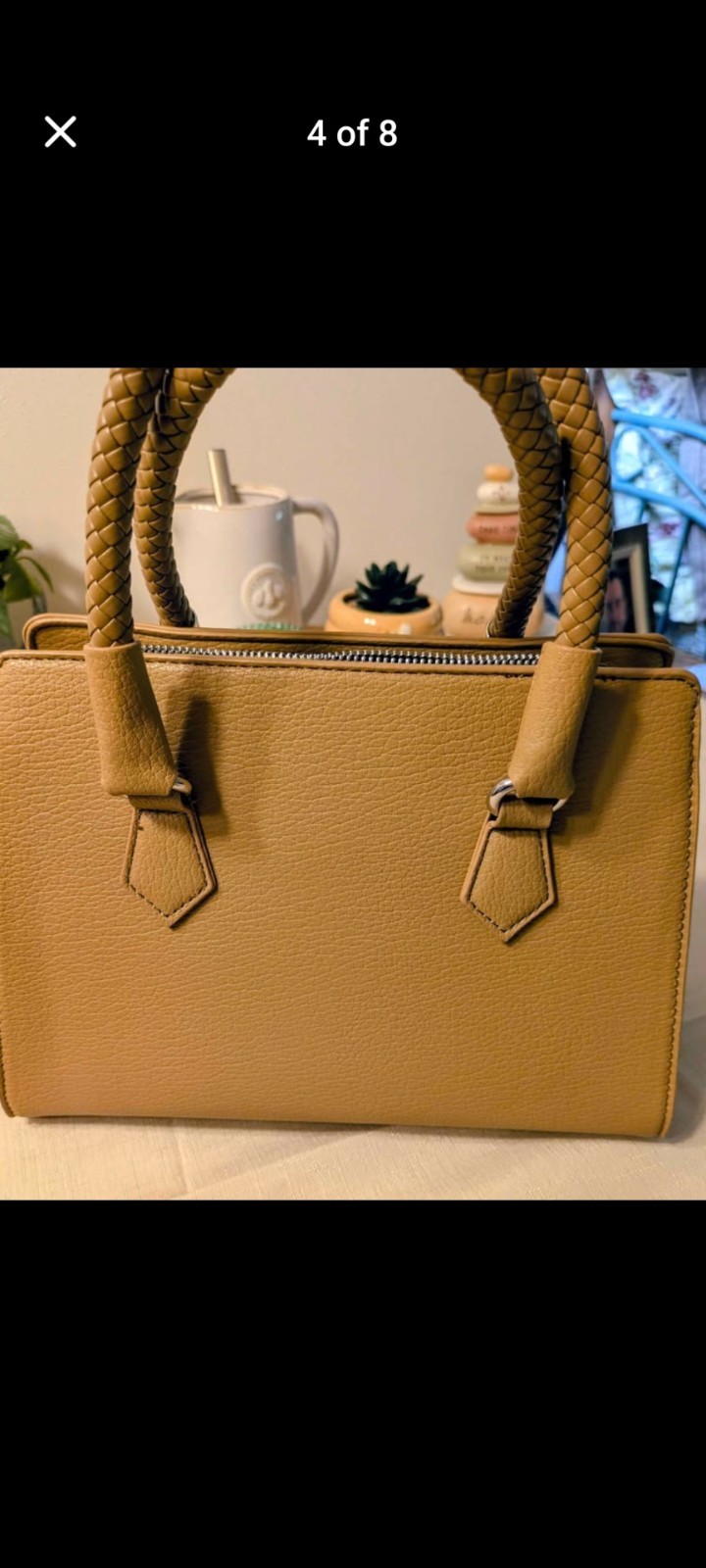 Tan Pebbled Satchel Top Handle Bag Braided Double Handles Zip Detachable Strap