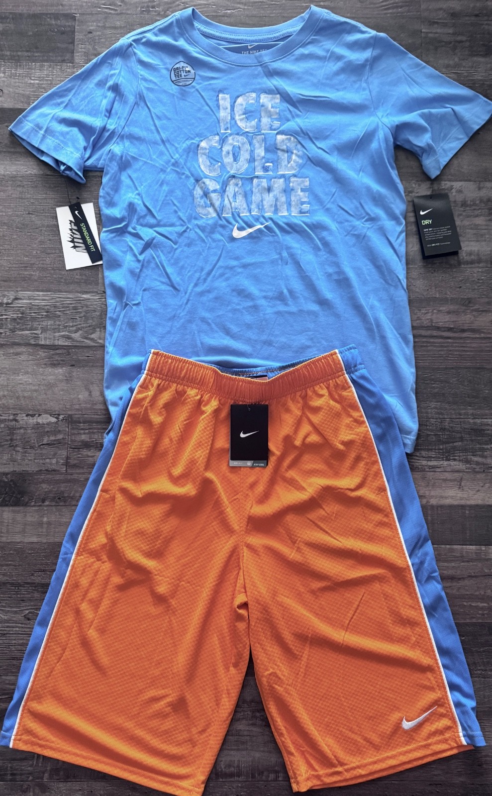 NWT Nike Boys YXL Lt Blue/Lt Bright Orange/White ICE COLD GAME Shorts Set XL