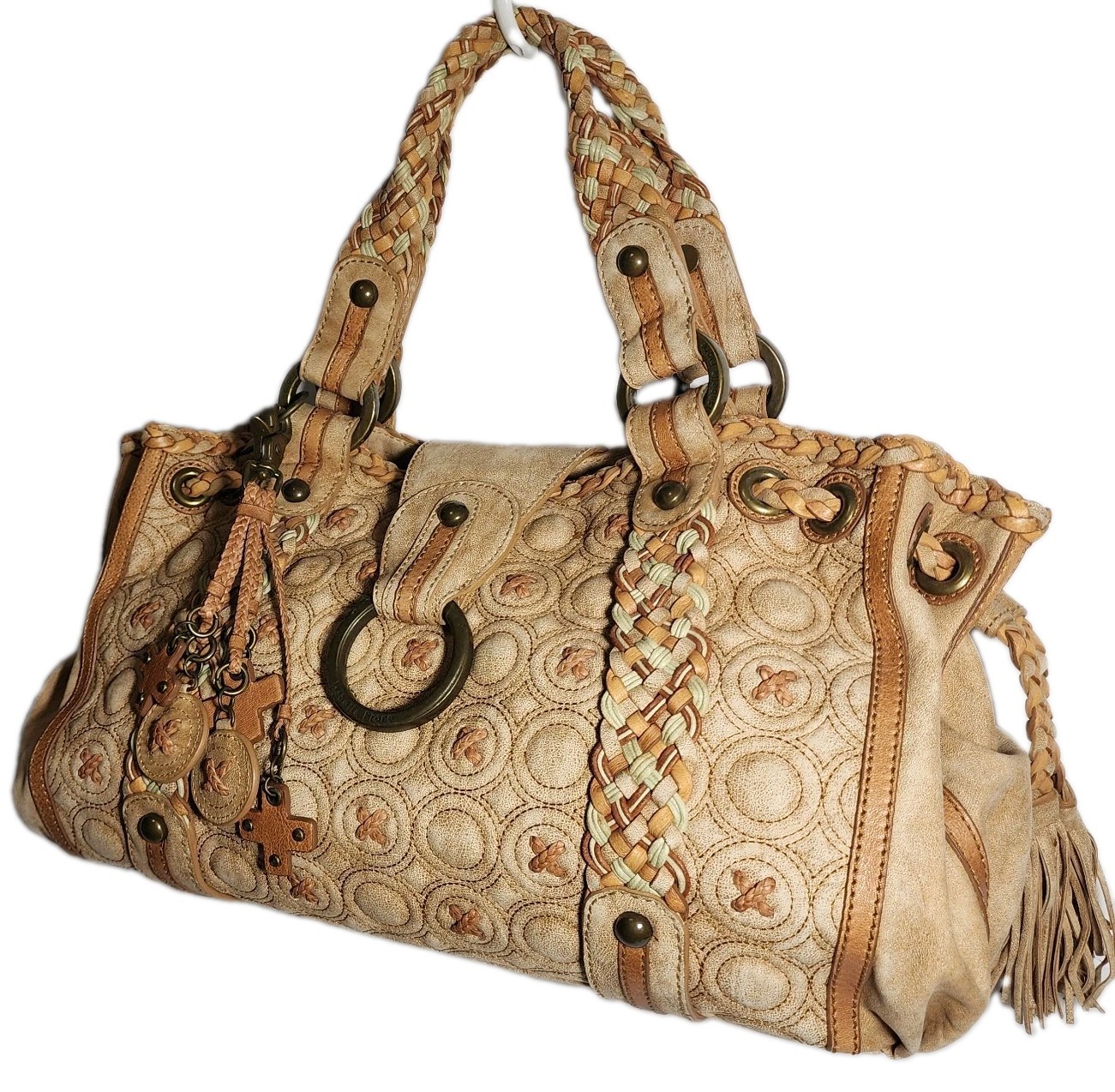 ISABELLA FIORE KISSES AND HUGS EMBROIDERED X’S AND O’S LARGE LEATHER HANDBAG$739