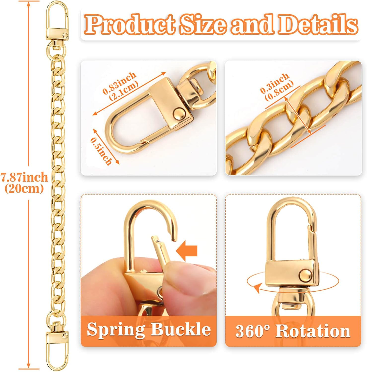 2PCS Gold Purse Chain Strap Extender 7.9in Metal Handbag Replacement