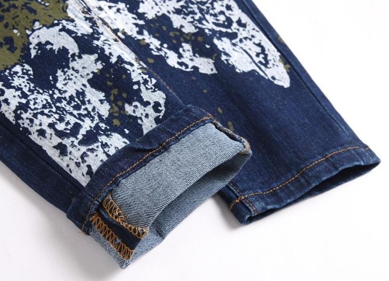 Men’s Blue Denim Jeans Printed Straight Leg Stretch Casual Punk Hip Hop Trousers