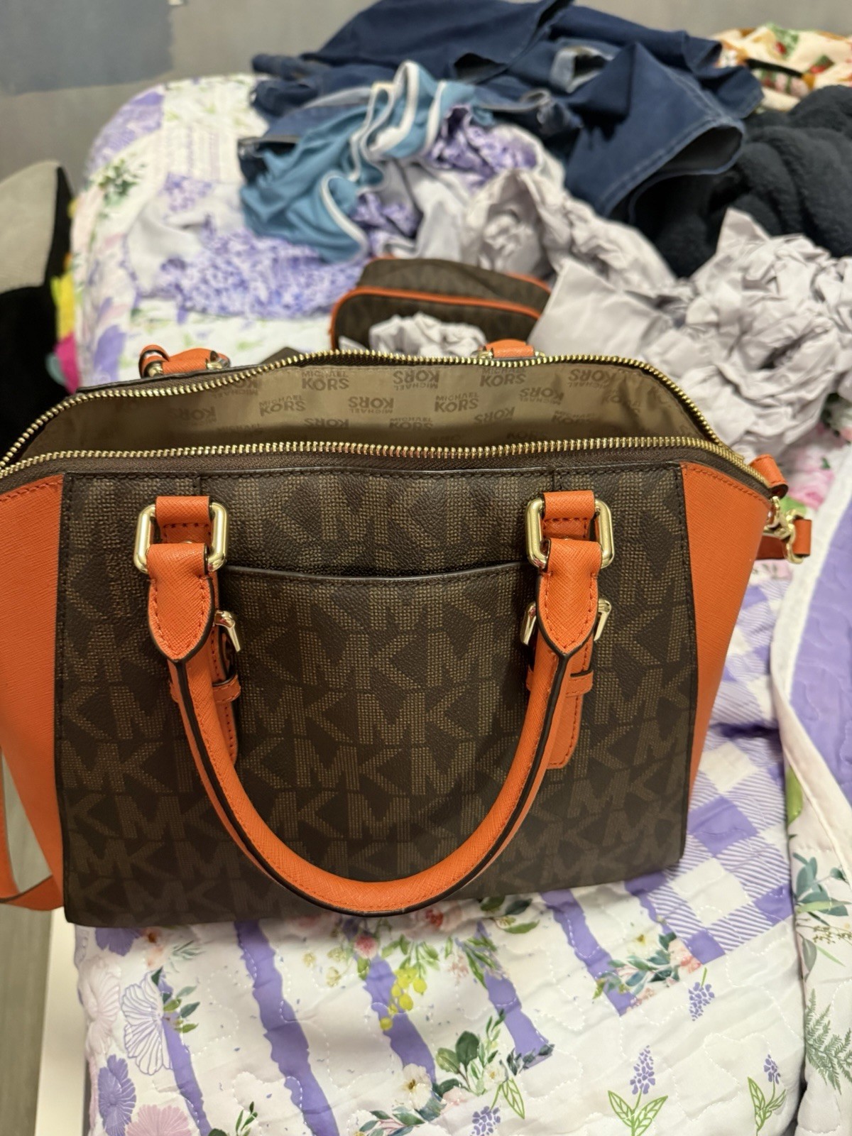 Michael Kors L Logo Satchel Top Handle Brown/Orange Gold Zip, Detachable Strap