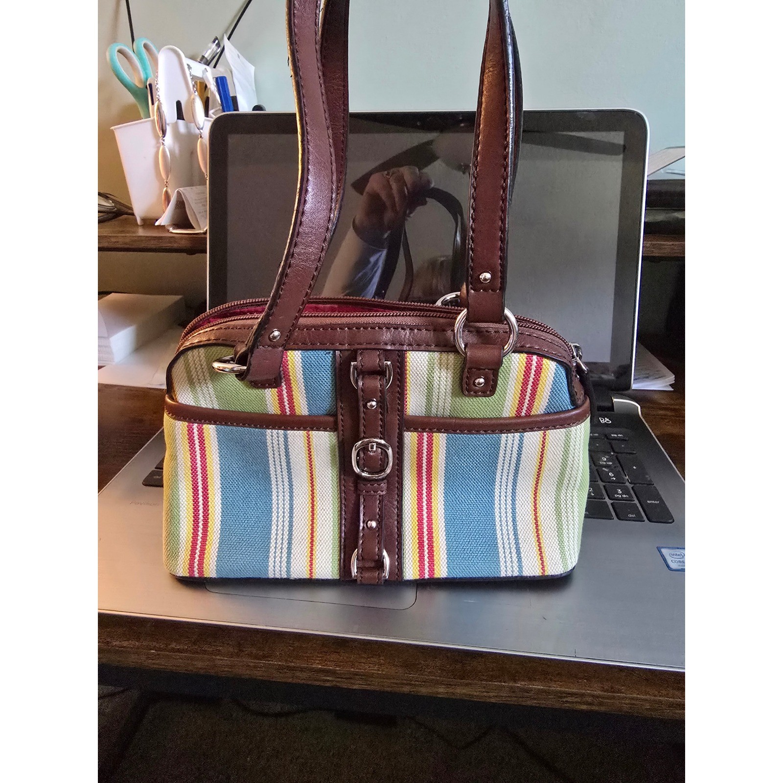 Etienne Aigner Striped Canvas Mini Bag Brown Trim Multi Color Buckle Detail
