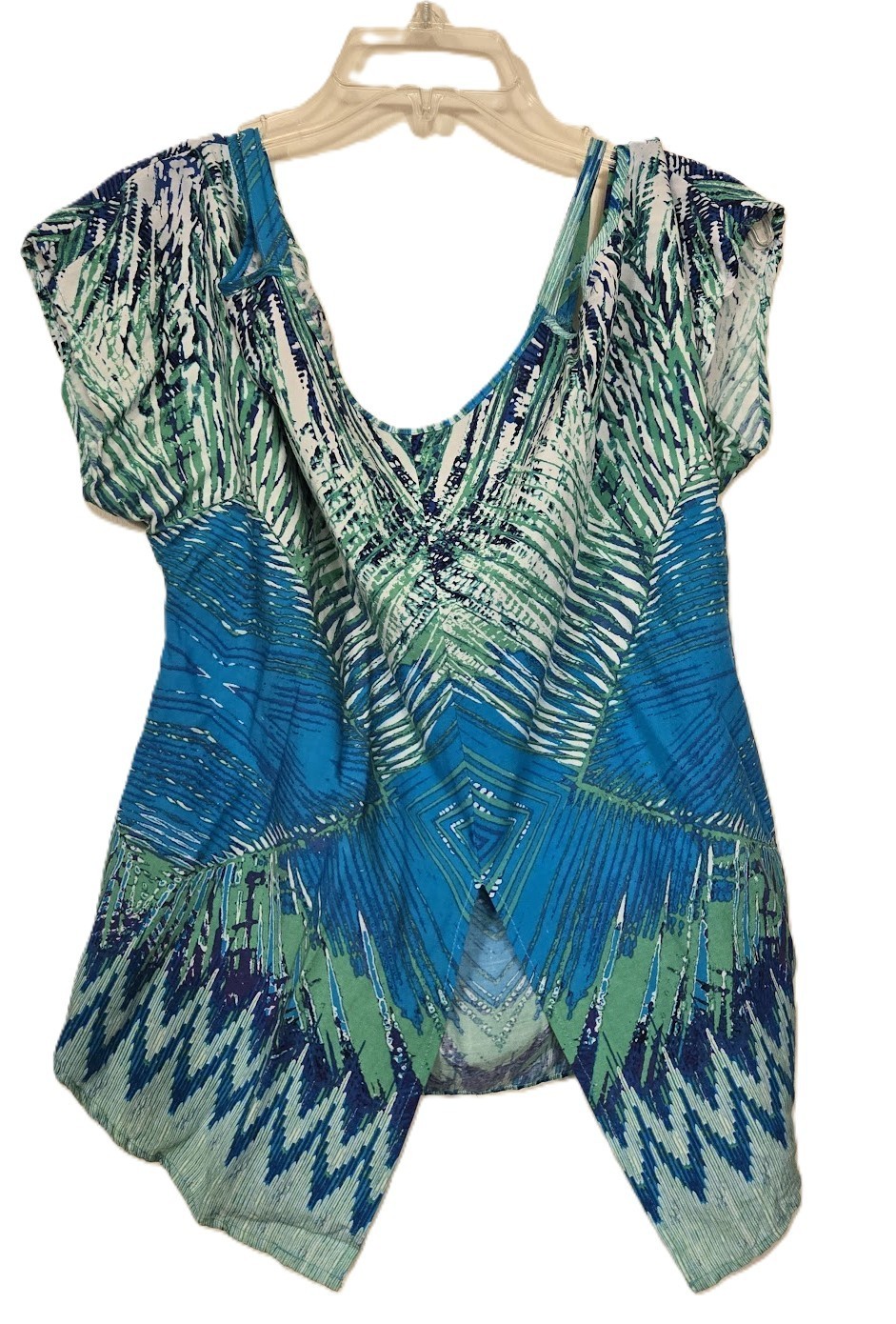 Unique Spectrum Cold Shoulder Top Blue Green Geometric Y2K Boho Women’s Size XL