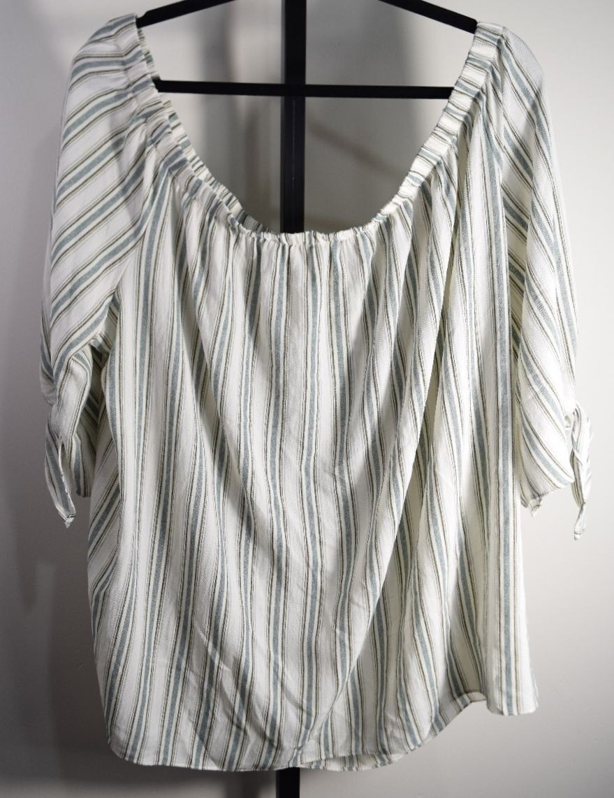 Soprano Ivory Striped Off-Shoulder Top Size 3XL Textured Tie Sleeve Boho Blouse