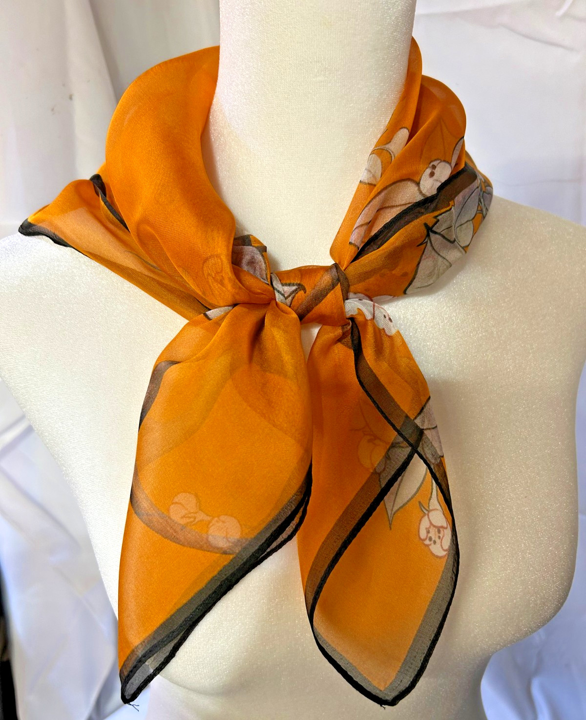 26 Inch Medium Square Orange, Tan and Black Floral Pattern 100% Silk Scarf-SS-33