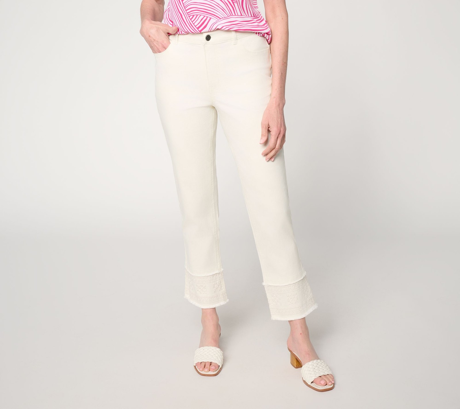 Susan Graver Petite Stretch Denim Embroidered Hem Ankle Jean Vanilla 14 New
